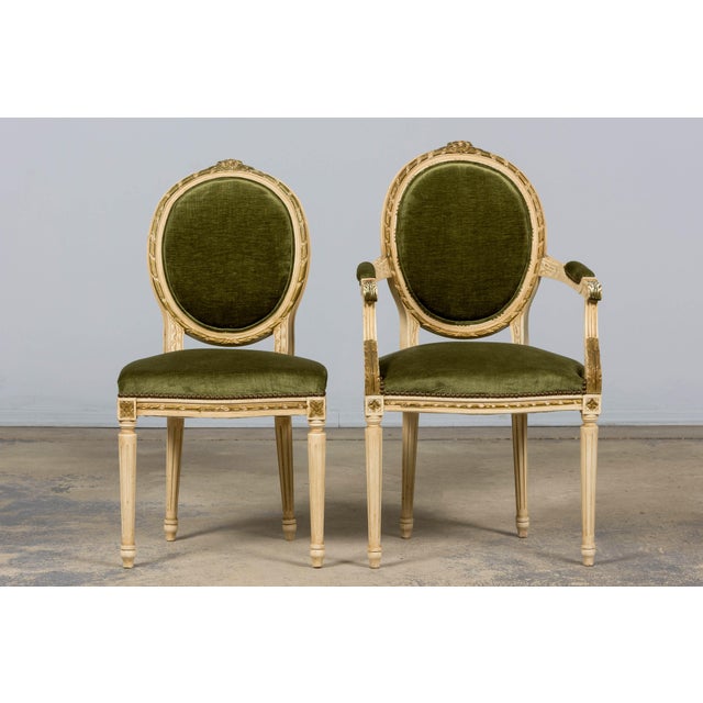 French Antique French Louis XVI Style Dining Chairs in Olive Green Velvet - Set of 8 For Sale - Image 3 of 18