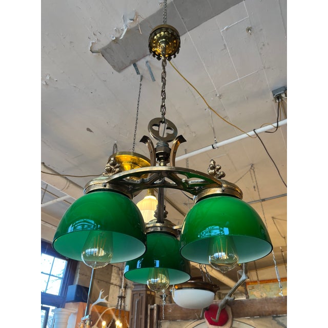 Antique Brass Neo Gothic Three Green Globe Ceiling Pendant Light. Professionally rewired October 2024. Great design...