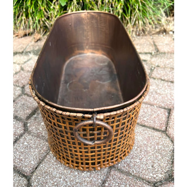 Rattan Wrapped Metal Planter With Round Handles For Sale - Image 10 of 13