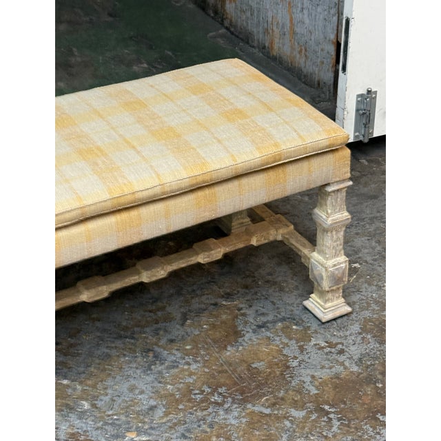 Wood French Country Louis XIII Style Plaid Upholstered Bench For Sale - Image 7 of 12