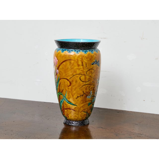 French Majolica Vase With Rooster, Irises, and Butterfly, Circa 1900 For Sale In Atlanta - Image 6 of 9
