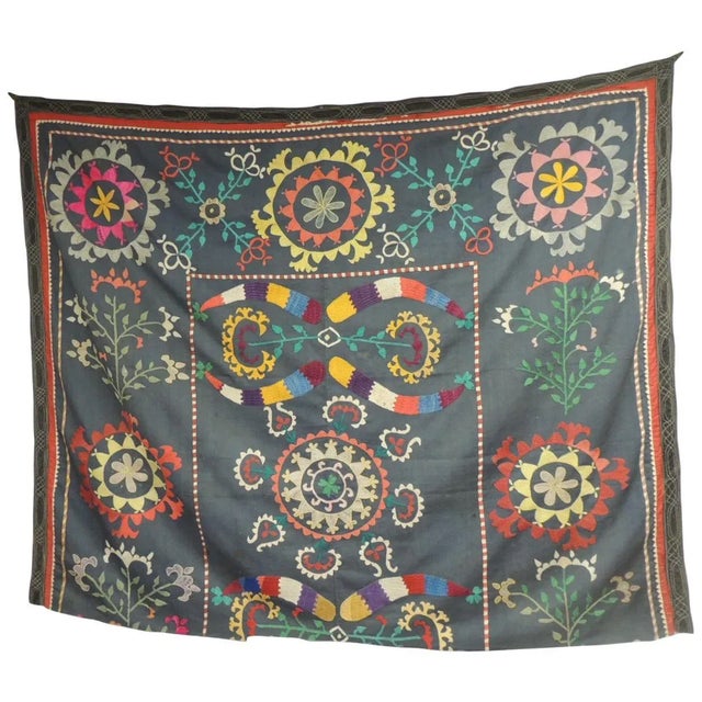 Green Vintage Large Colorful Floral Embroidered Vintage Suzani Panel For Sale - Image 8 of 9