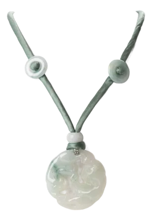 Chinese Celadon Jade Carved and Pierced Circular Pendant Necklace, C. 1912-1949