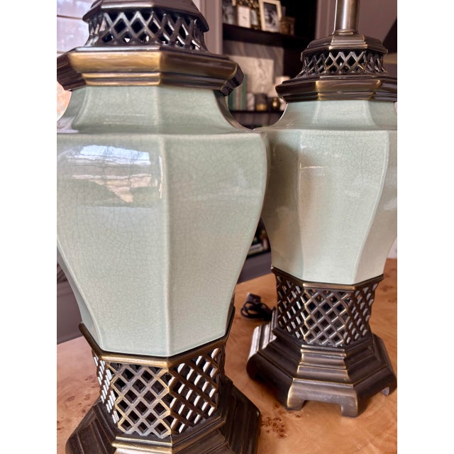Late 20th Century Vintage Morris Greenspan Hollywood Regency Ceramic Pierced Bronze Celadon Lamps - a Pair For Sale - Image 5 of 9