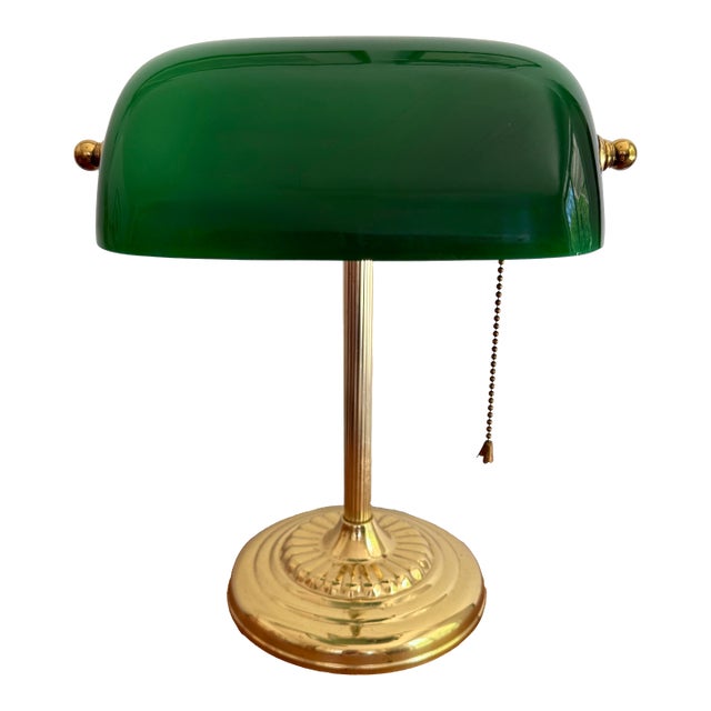Vintage Brass Emeraldite Glass Shade Bankers Lamp For Sale