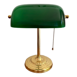 Vintage Brass Emeraldite Glass Shade Bankers Lamp