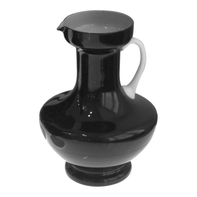 Vintage Italian Glass, Black & White Italian Cased Glass Pitcher, Attributed to Empoli For Sale