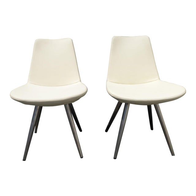 Vintage Contemporary Style White Vinyl Accent Chairs W Metal Peg Legs