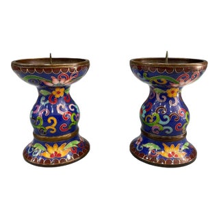 Pair of Vintage Chinese Cloisonné Enamel Candlesticks - 985g For Sale