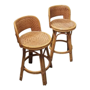 Restored Rattan & Wicker Swivel Bar Stool Set of 2