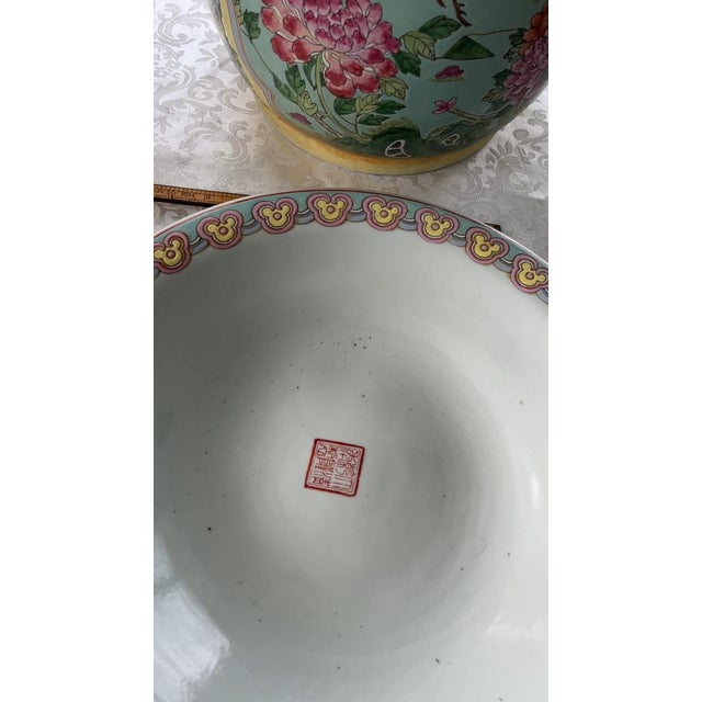 Early 20th Century Pair Large 13" Chinese Famille Jaune Phoenix Porcelain Planters & Trays-Heavy For Sale - Image 9 of 15