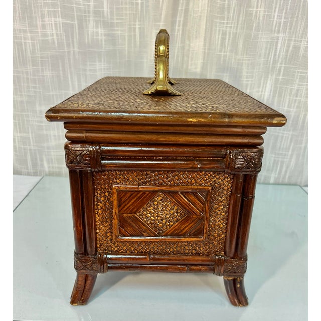Chic Vintage Large Faux Bamboo and Rattan Memory Keepsake Box With Decorative Brass Handle For Sale In Mobile - Image 6 of 10