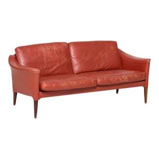 Danish Modern Curved Back Loveseat in Red Leather + Rosewood For Sale