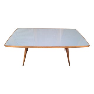 Dining Table Wooden Base, Brass Finishes, Wooden and Blue Glass Top, 1950s For Sale