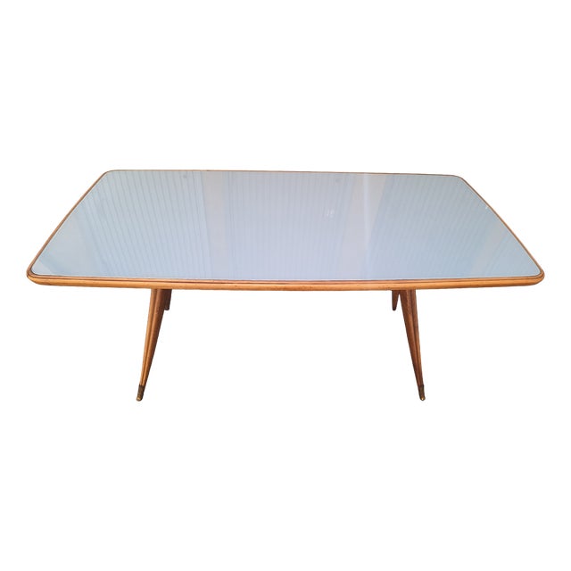 Dining Table Wooden Base, Brass Finishes, Wooden and Blue Glass Top, 1950s For Sale