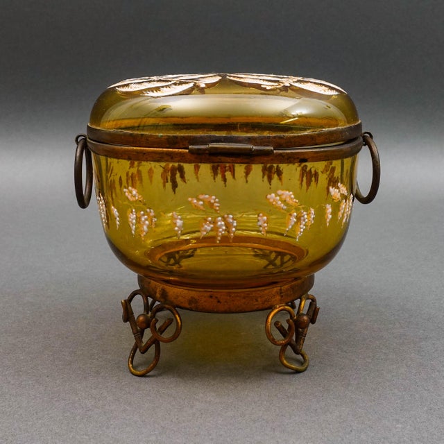 Bohemian Moser Enamel Amber Art Glass Dresser Trinket Jewlery Casket Box. Measures approximately 5" diameter, 5" high.