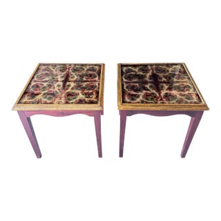 Late 20th Century Peruvian Reverse-Painted Glass Top Gilt Border Wood Side Tables Pair For Sale