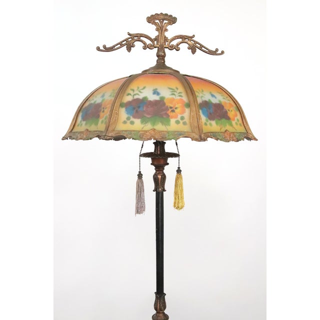 Art Nouveau Period Mid 20th CenturyRestored Art Nouveau Reverse Painted Shade Brass Floor Lamp For Sale - Image 3 of 15