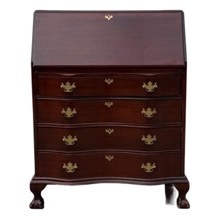 Vintage Chippendale Style Mahogany Secretary Desk With Serpentine Drawers, Ball and Claw Feet & Drop Front For Sale