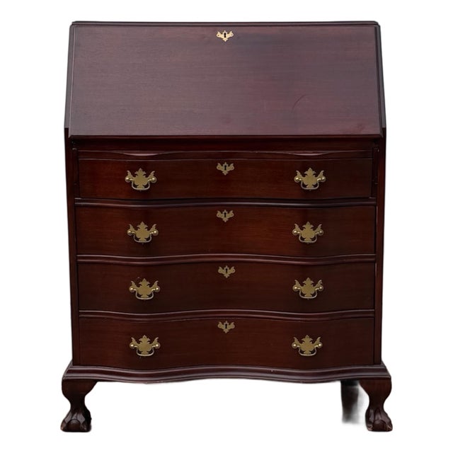 Vintage Chippendale Style Mahogany Secretary Desk With Serpentine Drawers, Ball and Claw Feet & Drop Front For Sale