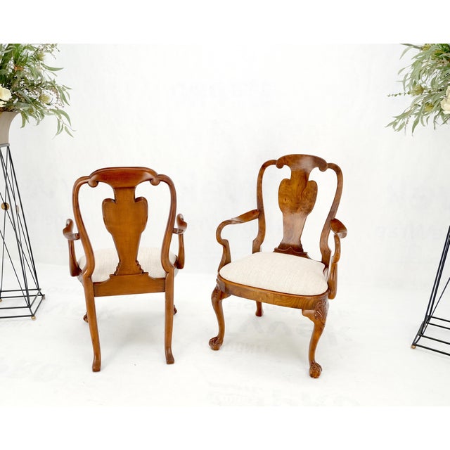 Pair of Carved Burl Wood New Oatmeal Linen Upholstery Armchairs MINT!