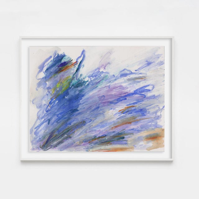 This abstract work by artist Molly Frances is an energetic composition in vivid hues of blue and purple with accents of...