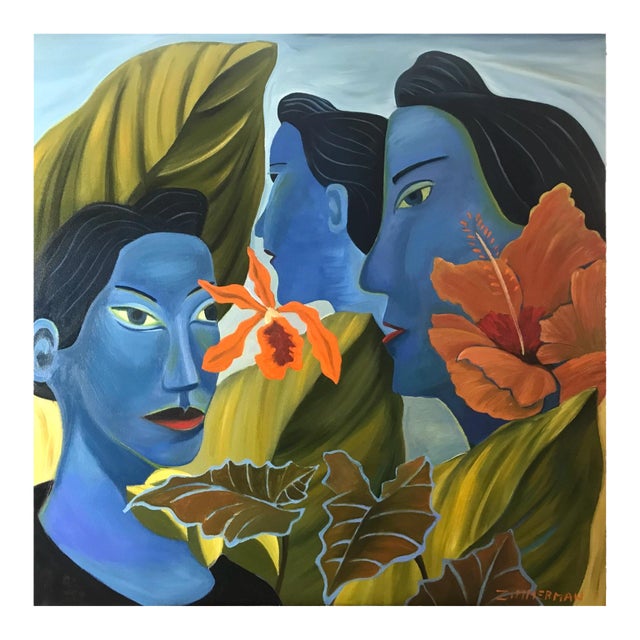 Marc Zimmerman "Jungle Blues" Oil Painting, Blue Figurative Portraits in Tropical Setting, Hibiscus Blooms, Gold Foliage, Contemporary Art West Coast For Sale
