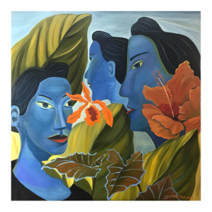 Marc Zimmerman "Jungle Blues" Oil Painting, Blue Figurative Portraits in Tropical Setting, Hibiscus Blooms, Gold Foliage, Contemporary Art West Coast