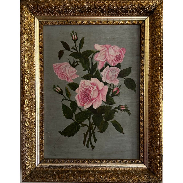 Realism Antique Oil Painting of Pink Roses in Antique Ornate Gold Frame For Sale - Image 3 of 6