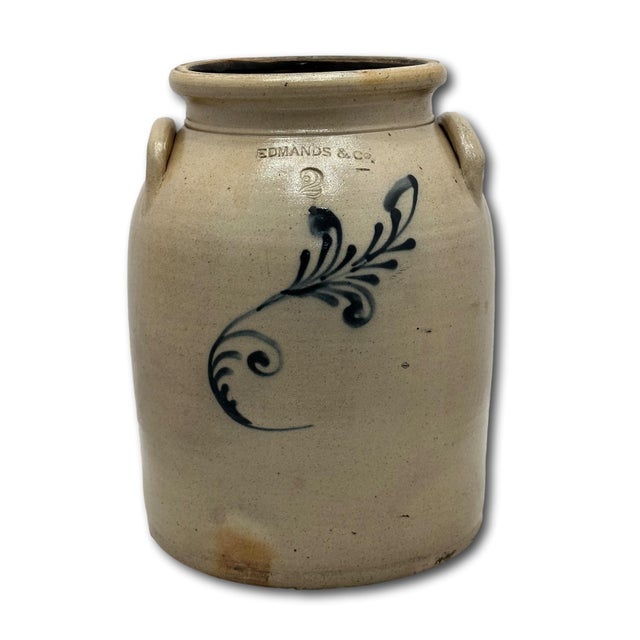 Nice Antique American Blue Decorated 2 Gallon Size Stoneware Butter Churn by Edmonds & Co. Charlestown Massachusetts For Sale - Image 4 of 18