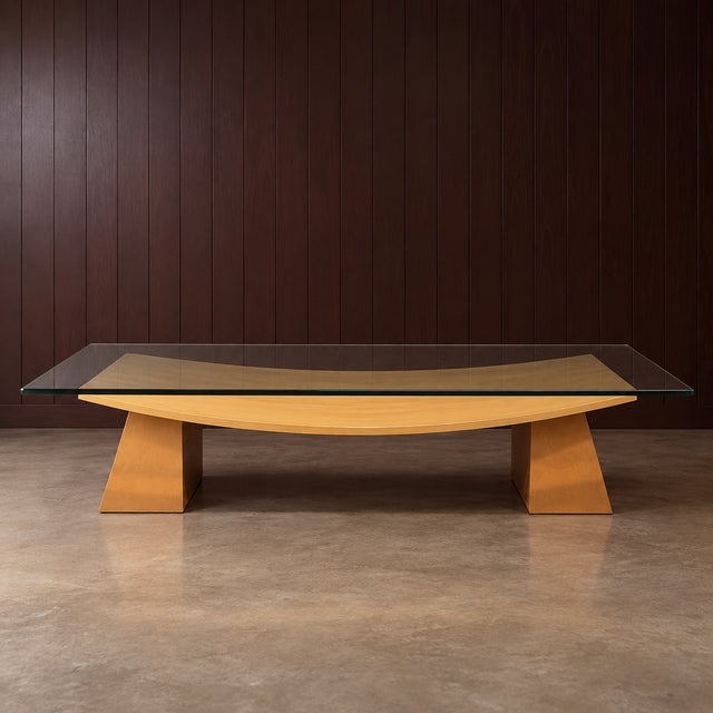 Postmodern Vintage Italian Glass-Wood CoffeeTable | Postmodern 1970s Style | Sculptural Tempered Glass For Sale - Image 3 of 6