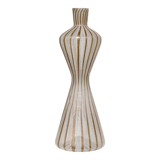 Vintage Fratelli Toso Murano White Aventurine Ribbons Italian Art Glass Corset Hourglass Vase For Sale