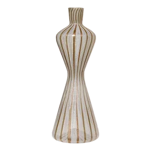 Vintage Fratelli Toso Murano White Aventurine Ribbons Italian Art Glass Corset Hourglass Vase