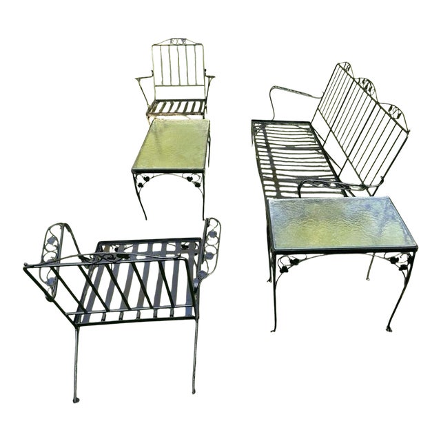 Vintage MCM Wrought Iron Conversation Set Bench, 2 Oversized Chairs, 2 Tables For Sale
