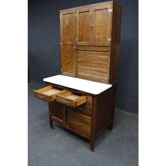 American Rare Antique Oak Hoosier Cabinet With Porcelain Work Surface For Sale - Image 3 of 10