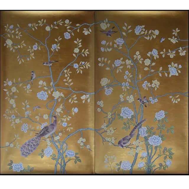 Hand Painted Chinoiserie Wallpaper Mural Panel - 2 Panels For Sale