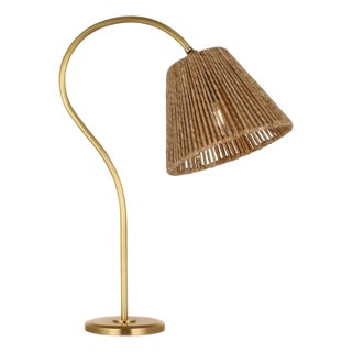 Amber Lewis by Visual Comfort Signature Dume 24" Arched Table Lamp in Hand-Rubbed Antique Brass with Natural Abaca Shade For Sale