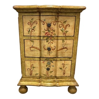Chinoiserie Painted French Country Style Three Drawer Chest Nightstand Floral For Sale