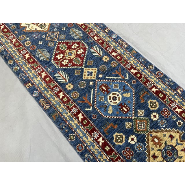 Blue Kazak Style Tribal Runner Rug - 2'9" X 10'3" For Sale - Image 4 of 11