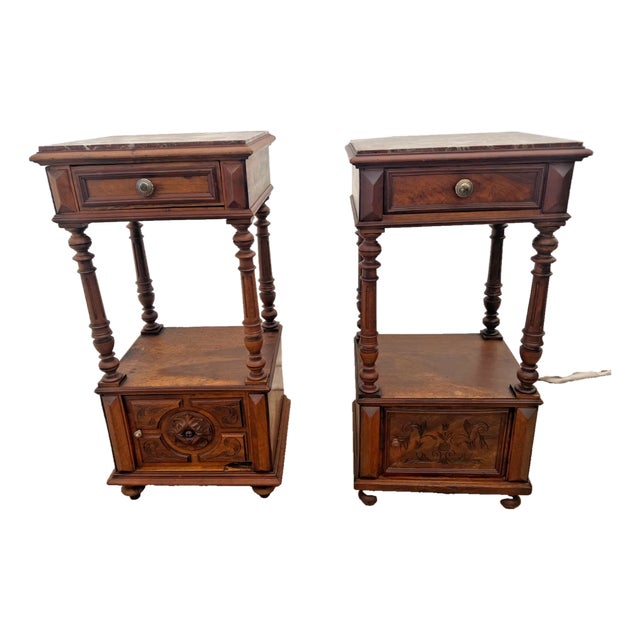 Antique French Renaissance Revival Nightstands Marble Top Commode Bed Cabinets For Sale