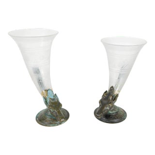 19th Century Near Pair of Bronze and Glass Deer Form Cornucopia Vases For Sale
