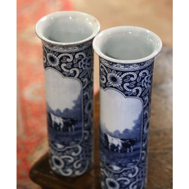 Traditional Pair of 19th Century Dutch Delft Blue and White Faience Cattle Scene Vases For Sale - Image 3 of 13