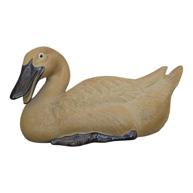 Vintage Circa 1970 Chinese Shiwan Pottery Duck Laying Down Figurine For Sale