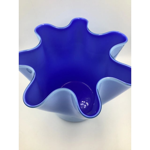 Vintage Hand Blown Cased Blue Art Glass Signed Handkerchief Top Vase For Sale - Image 4 of 7