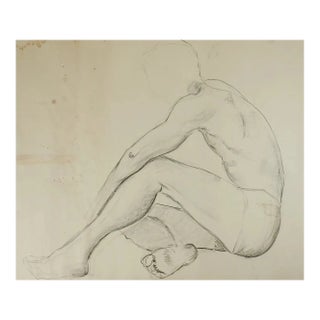 Vintage Mid 20th Century Charcoal Seated Male Figure Study Drawing For Sale