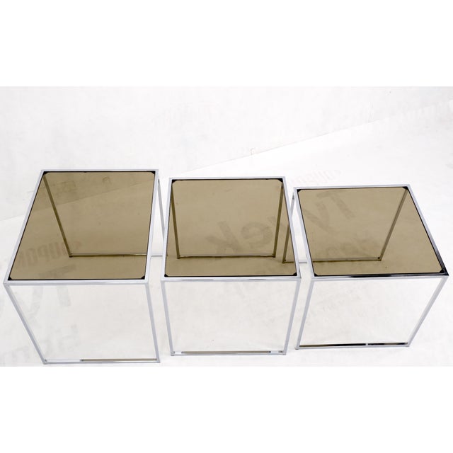 Tan Set of Wide Rectangle Shape Chrome & Smoked Glass Nesting End Side Tables For Sale - Image 8 of 18