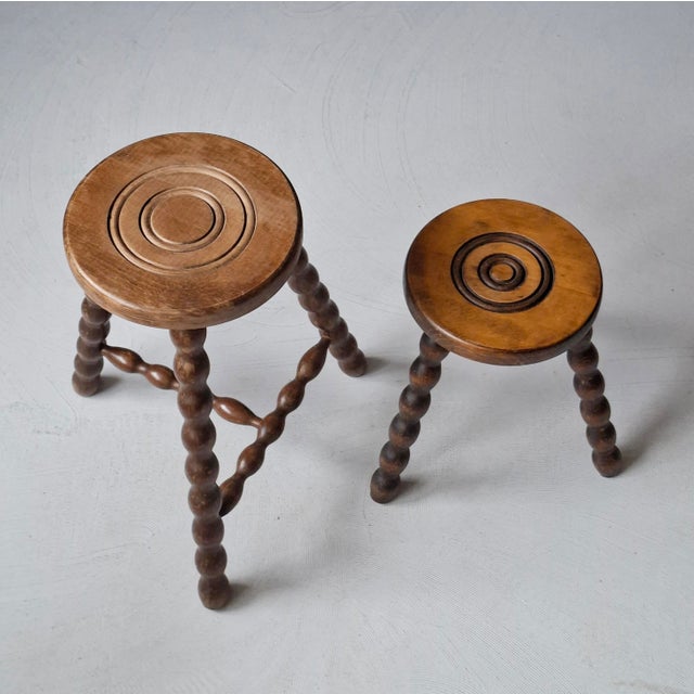 Rustic Vintage French Bobbin Stools, 1960s, Set of 2 For Sale - Image 3 of 10