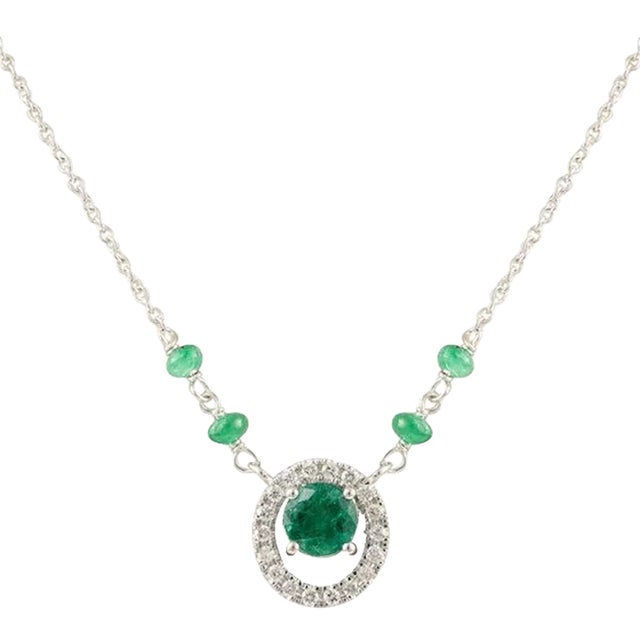 1.63 Ct Beaded Emerald Halo Diamond Chain Necklace in 18k Solid Gold For Sale