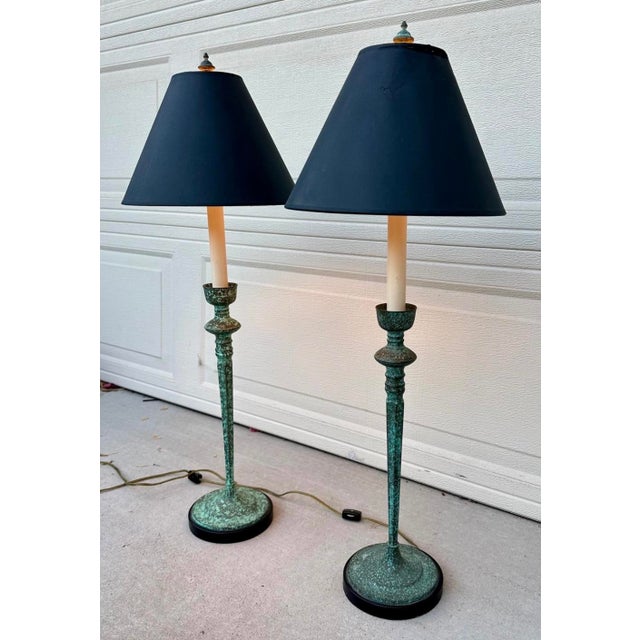 Metal Pair of Vintage Frederick Cooper Verdigris Candlestick Buffet Table Lamps For Sale - Image 7 of 18
