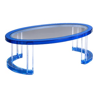 Transparent Blue Acrylic Oval Coffee Table With Clear Base For Sale